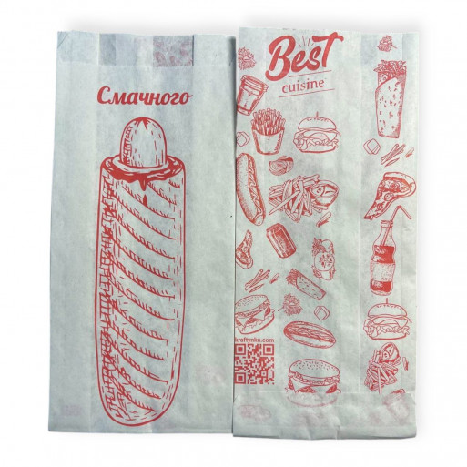 Пакет Саше, крафт білий, 90х40х210 мм, 40 г/м², печать фаст-фуд (1000 шт)
